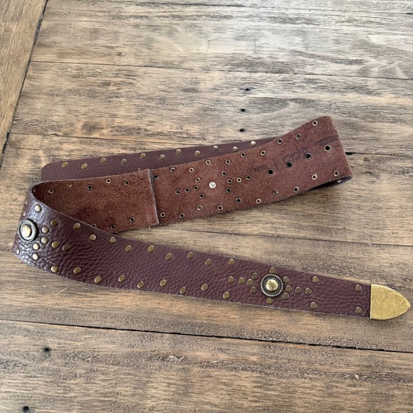 Cache Brown Leather Studded Wide Waist Belt Brass Grommets‎ Made in USA Large